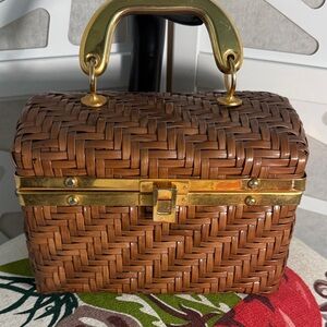 Vintage  Brown Wicker Box Purse with Gold-Tone Hardware